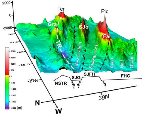 3d surface with interpreted main tectonic framework viewed from wnw tr is the terceira