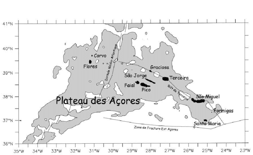Carte du plateau des acores et des principales structures tectoniques dapres vogt 2004