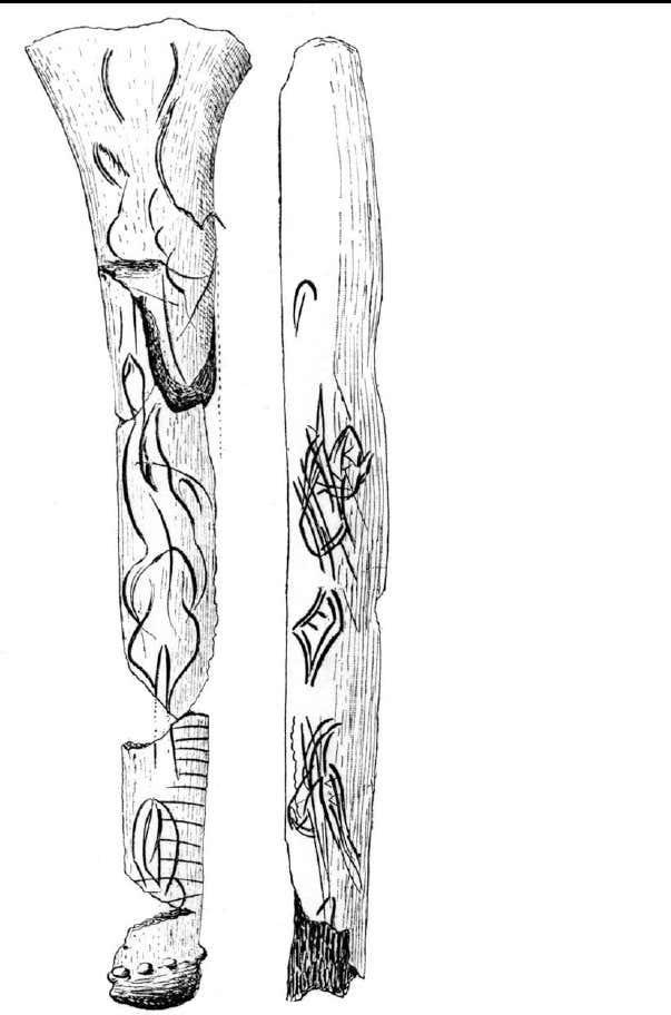 Figure 19 bois de renne et cote graves de motifs en feuille et de motifs enigmatiques figures feminines vues de face segments d animaux etc musee d archeologienationale releves hen