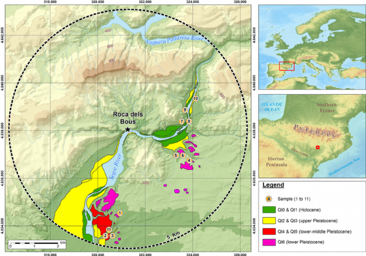 Location of terrace deposits and samples in a 5 km radius of roca dels bous