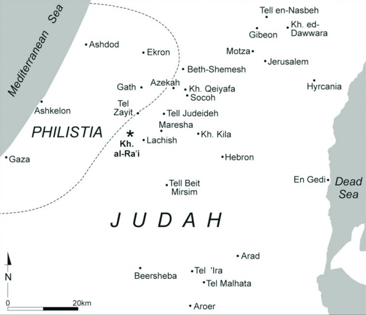 Map of philistia and judah marking the location of khirbet al rai