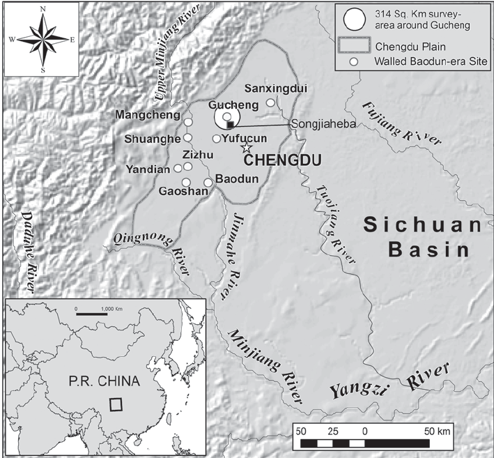 Map of the chengdu plain with the locations of sanxingdui in guanghan gucheng and