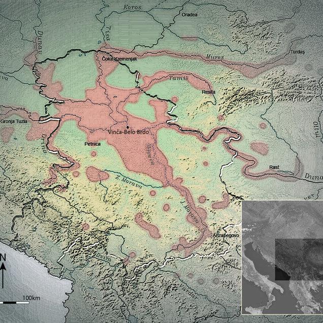 Map showing the distribution of vinca culture in red with the location of vinca belo q640