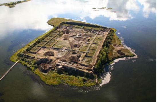 Old fortress like structure siberian lake