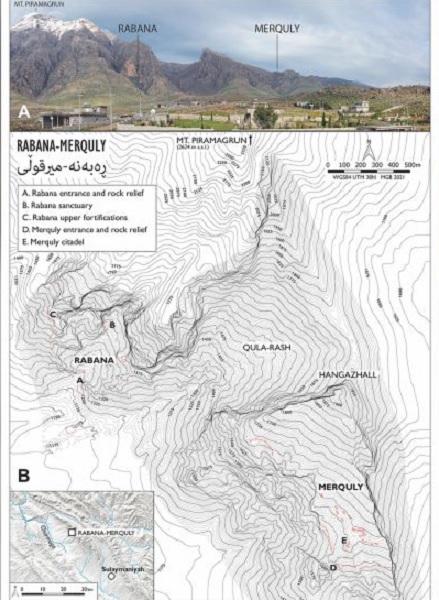 Une photo en haut du mont piramagrun mettant en evidence les colonies de rabana et merquly et une topographie en bas de rabana merquly 600